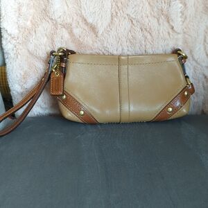 Tan and Brown Leather Clutch with Gold Hardware